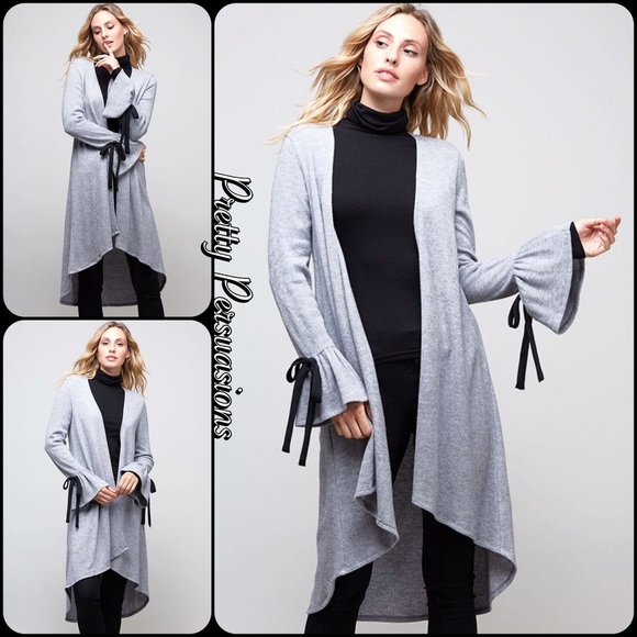 Light Mocha Ruffle Bell Sleeve Open Front Cardigan - Picture 2 of 3